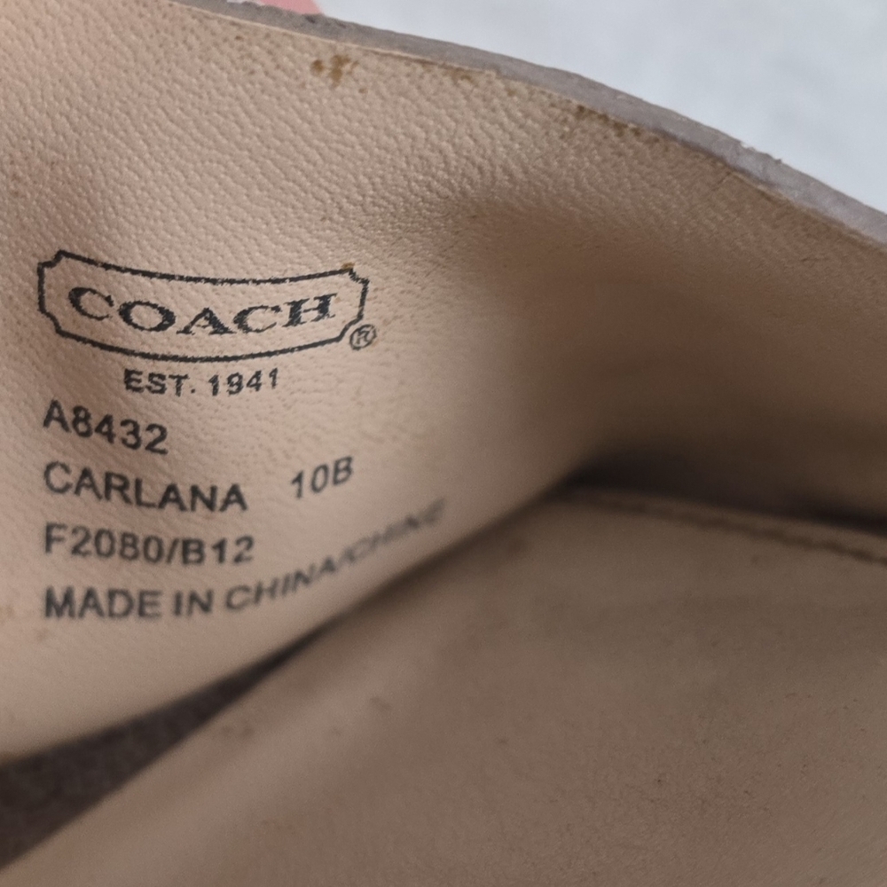 Women's Coach Wedge Heel Shoes Beige Leather Platform Slides Size 10 Gold Logo - Picture 6 of 7